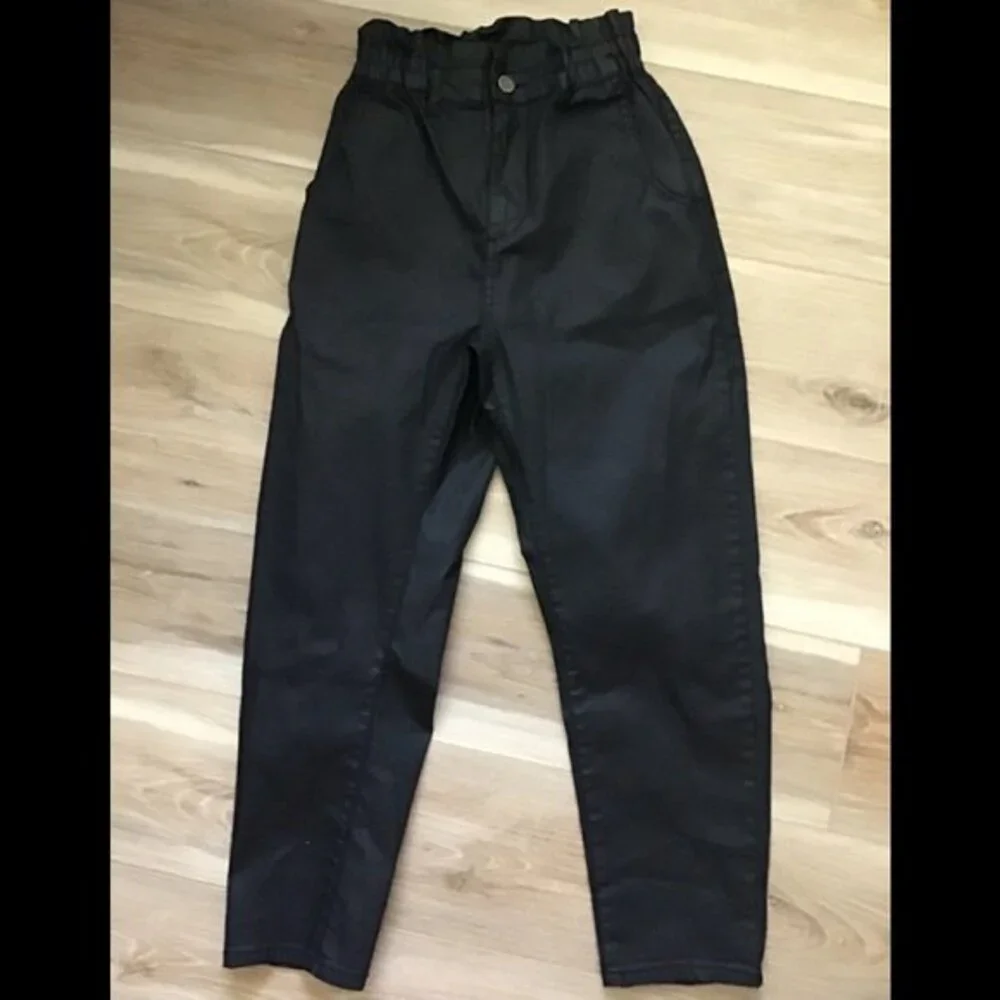 Zara Black Coated Baggy Paperbag Waist Pants 2